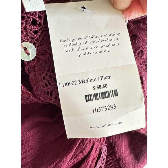 Bohme Plum Mini Dress Lace Eyelet Prairie Cottagecore Medium Long Sleeve Raw Hem - Picture 10 of 11